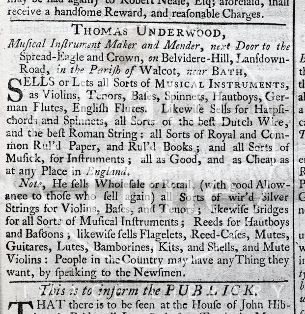 Advertisement for Thomas Underwood, musical Instrument maker 1745