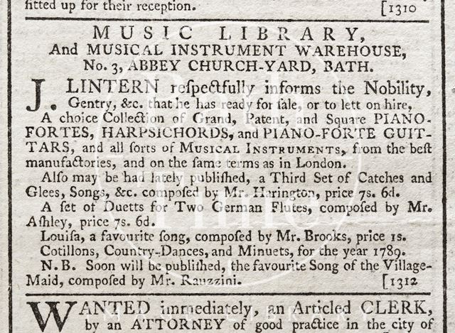 Music Library and Musical Instrument Warehouse, J. Lintern, 3, Abbey Church Yard, Bath 1788