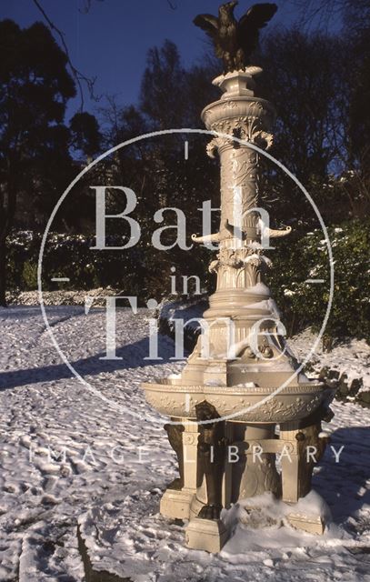 The fountain at Hedgemead Park in snow, Bath 1979