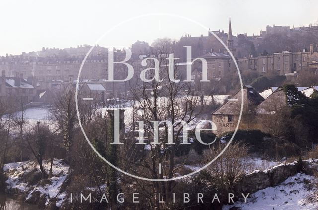 Development site in Walcot, viewed from Cleveland Bridge, in snow, Bath 1979