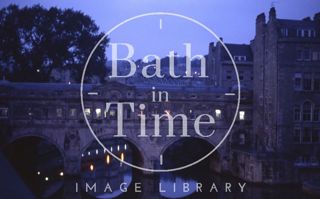 Pulteney Bridge floodlit at dusk, Bath 1981