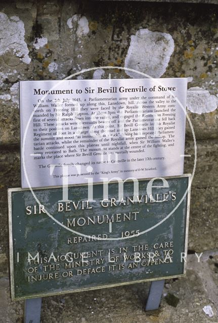 Plaque, Grenville Monument, Lansdown, Bath 1986