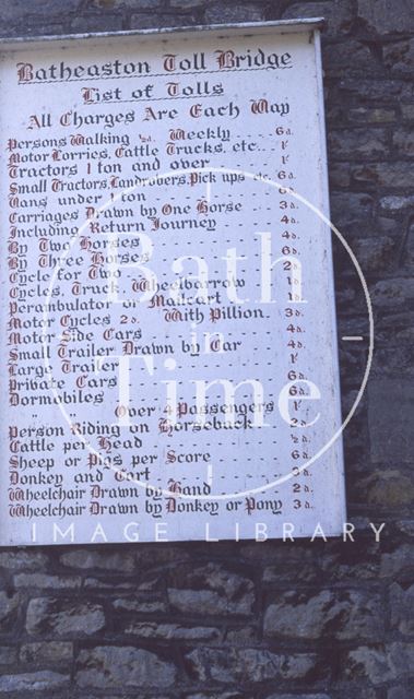 Toll board at Batheaston end of Bathampton Toll Bridge 1990