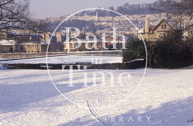 Snow scene on the bowling green, Sydney Gardens, Bath 1991