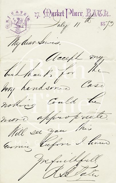 Manuscript letter from Richard Cater, Bath 1873