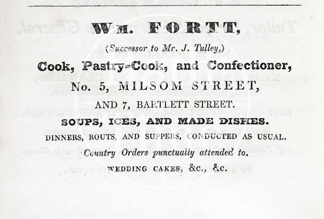 Advertisement for Wm. Fortt, 5, Milsom Street and 7, Bartlett Street, Bath 1833