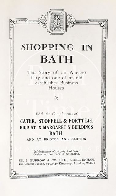 Title page of pamphlet celebrating the refurbishment of Cater, Stoffell and Fortt, High Street, Bath c.1920