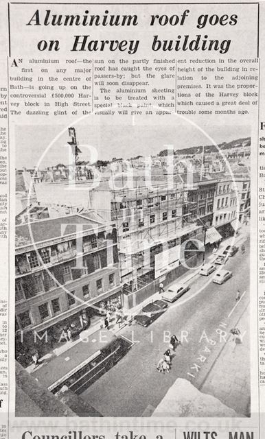 Aluminium roof goes on Harvey Buildings, High Street, Bath 1964