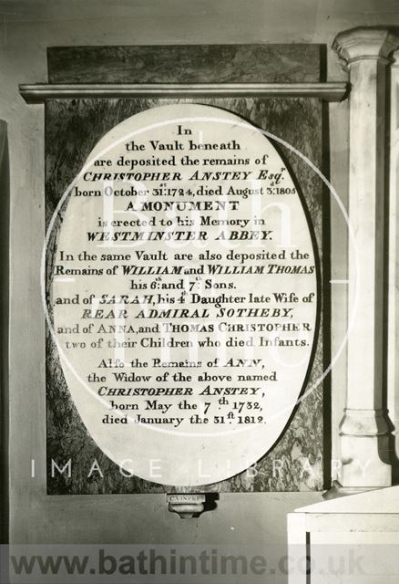 Bath Abbey Church memorial to Christopher Anstey c.1930