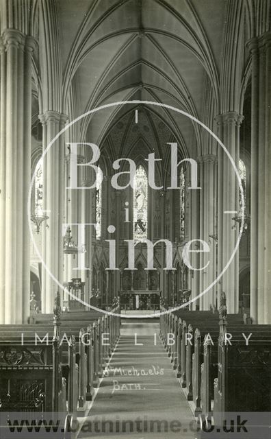 Interior of St. Michael's Church nave looking east, Bath c.1920