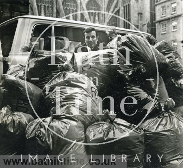 Sacks of contributions for the Blue Peter Appeal, Kingston Parade, Bath 1972