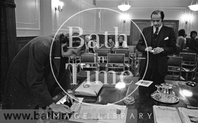 Mr. Michael Mollet signs the cheque to purchase 1a, Royal Crescent, Bath 1972