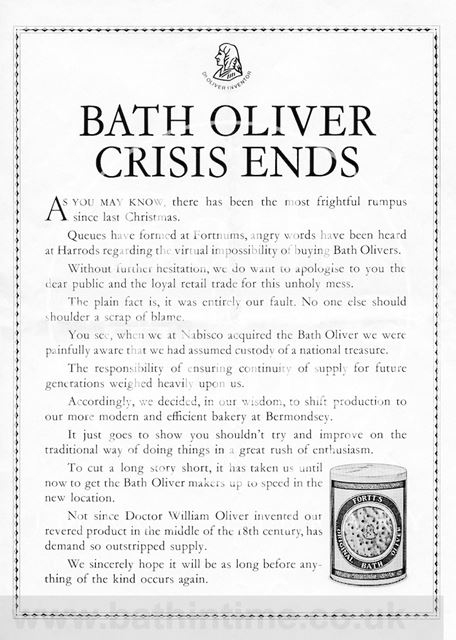 Bath Oliver Crisis Ends. Advertisement from 1984