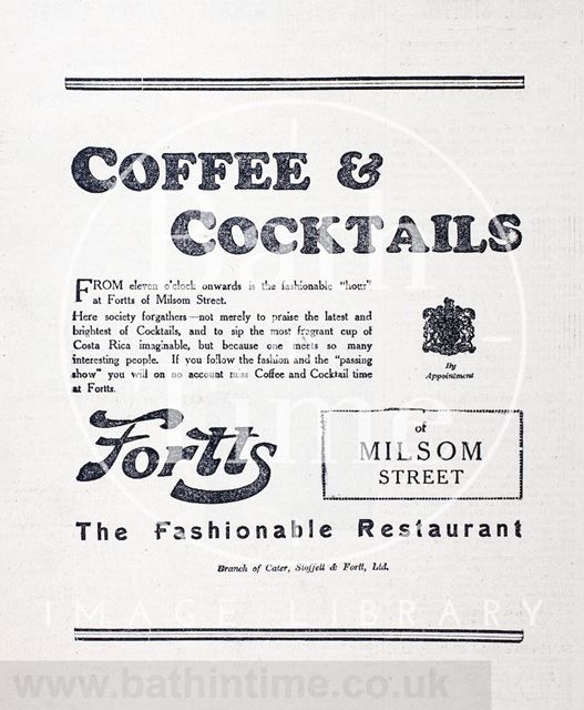 Fortts Restaurant advertisement, Milsom Street, Bath 1930