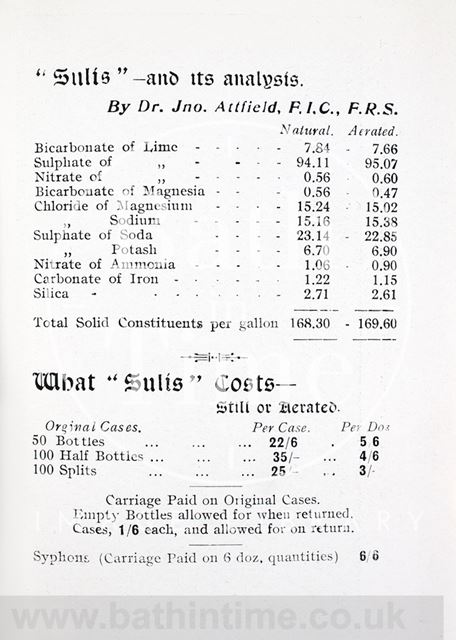 Price list and mineral content of Sulis Water, Bath c.1910