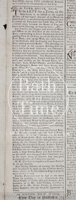 Notice to let, 1 & 1a, Royal Crescent and house on Upper Church Street, Bath 1772