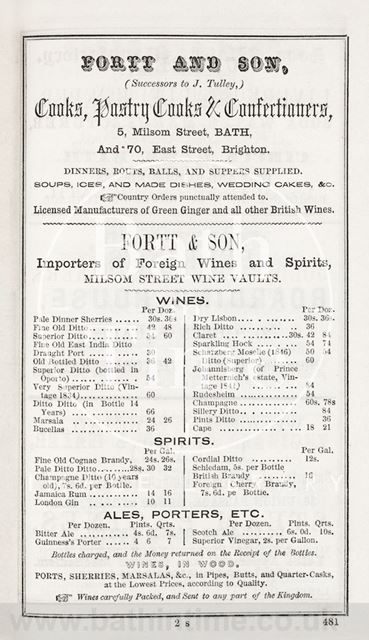 Advertisement in Bath Directory for Fortt and Son 1854