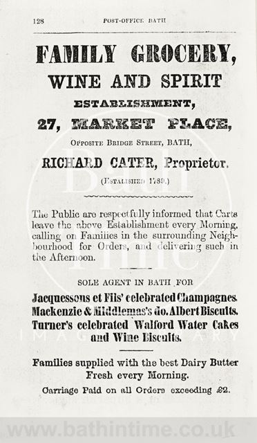 Advertisement in Bath Directory for Richard Cater, family grocer 1862