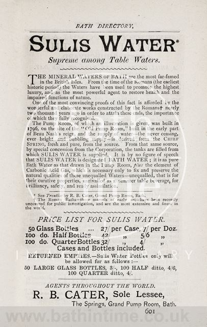 Advertisement in Bath Directory for Sulis Water 1884