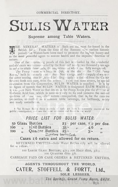 Advertisement in Bath Directory for Sulis Water 1906