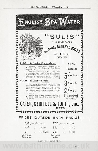 Advertisement in Bath Directory for Sulis English Spa Water 1907