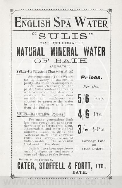 Advertisement in Bath Directory for Sulis English Spa Water 1908