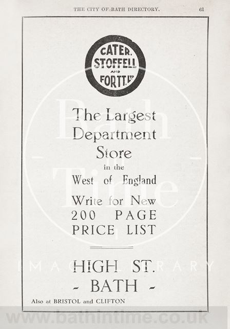 Advertisement in Bath Directory for Cater, Stoffell & Fortt, High Street 1929