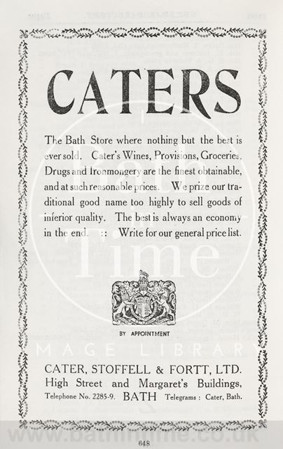 Advertisement in Bath Directory for Caters 1939