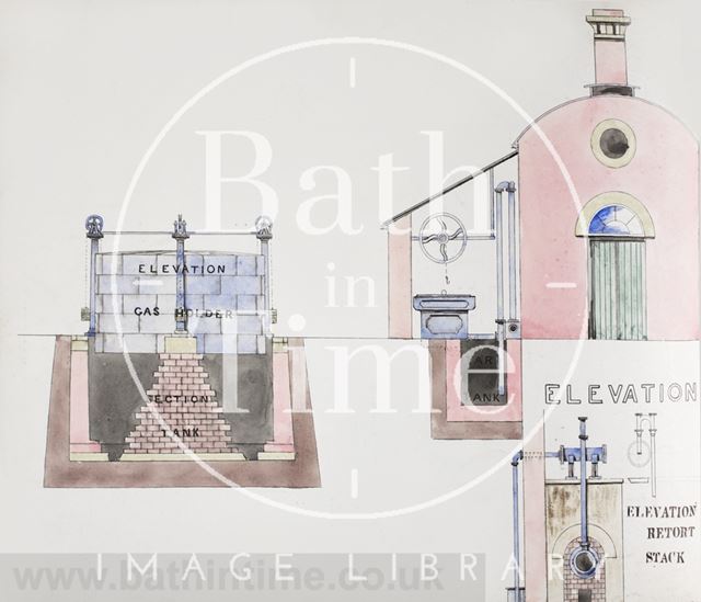 Coloured drawing of elevation of gas holder and retort stand, Bath Gasworks c.1860