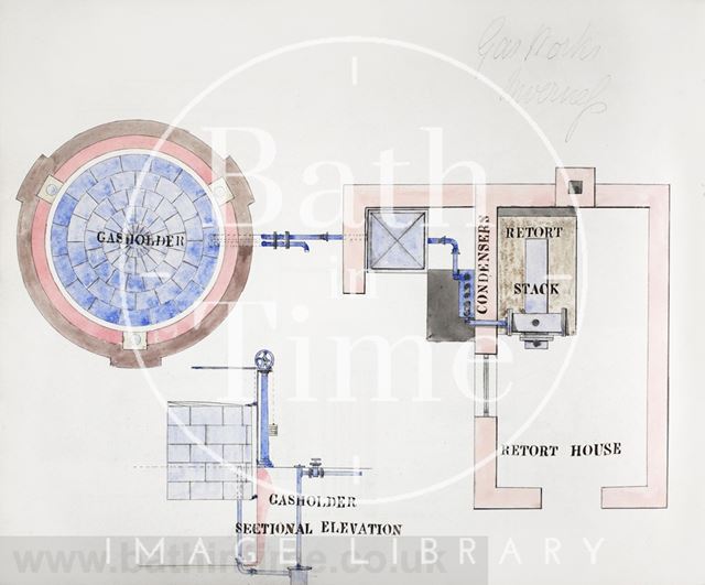 Coloured drawing of gasholder sectional elevation and retort house, Bath Gasworks c.1860