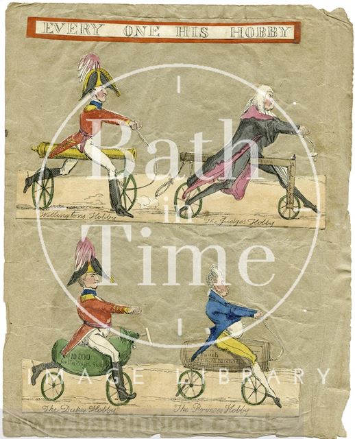 Every one his Hobby. Satirical cartoon of early bicycles c.1812-1820