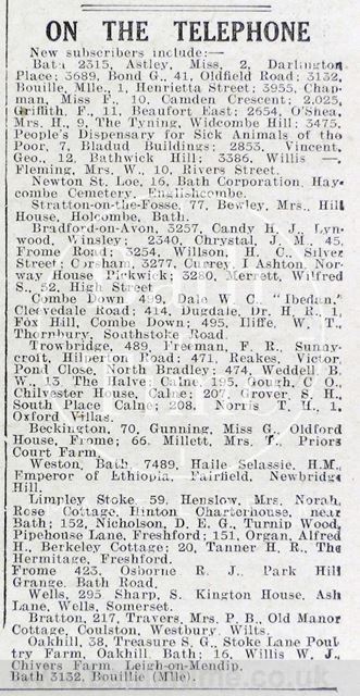 On the telephone, Bath's new subscribers to the telephone including Haile Selassie 1936