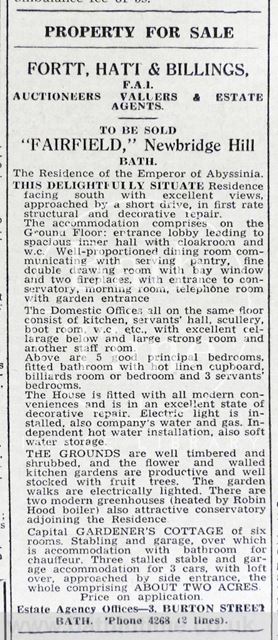 Property for sale, Fairfield House, Bath home of Emperor Haile Selassie 1937