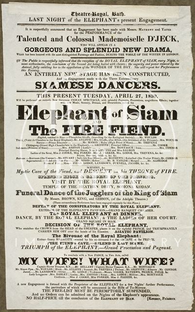 Playbill for the Elephant of Siam and the Fire Fiend, Theatre Royal, Bath 1830