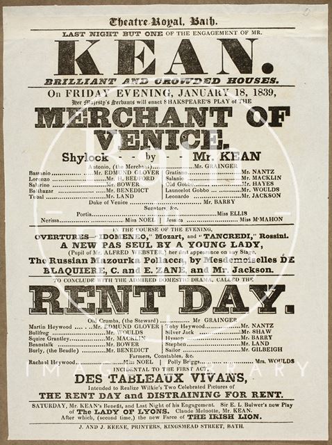 Playbill for the Merchant of Venice, Theatre Royal, Bath 1839