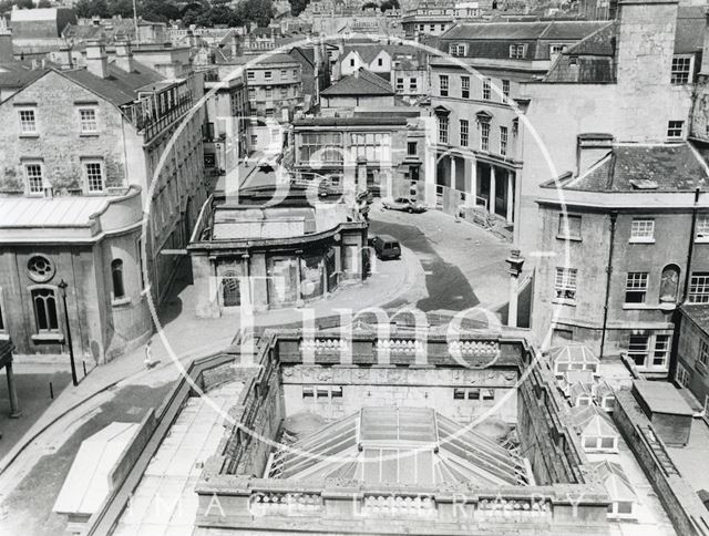 Hot Bath, Cross Bath and surrounding area from the rooftop of the Gainsborough Building, Bath 1986