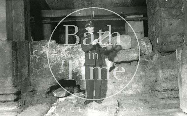 Roman Baths guide showing Roman roof tile, Bath c.1960?