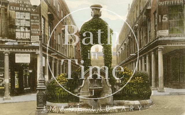 The Mineral Water Fountain seen from colonnaded entrance to Bath Street, Bath 1909