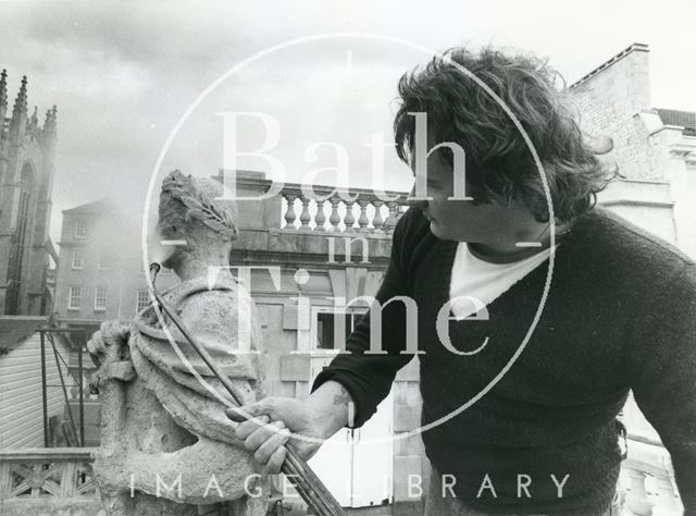 Cleaning of statues at the Roman Baths, Bath 1979