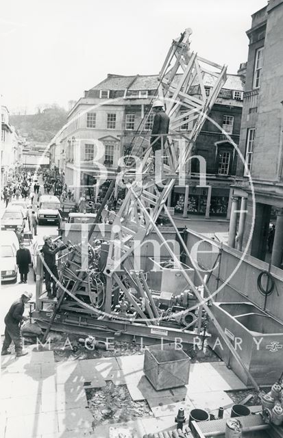 The Drillsure machine in Stall Street prepares to bore 300ft below the Pump Room in search of a new spa water source, Bath 1983