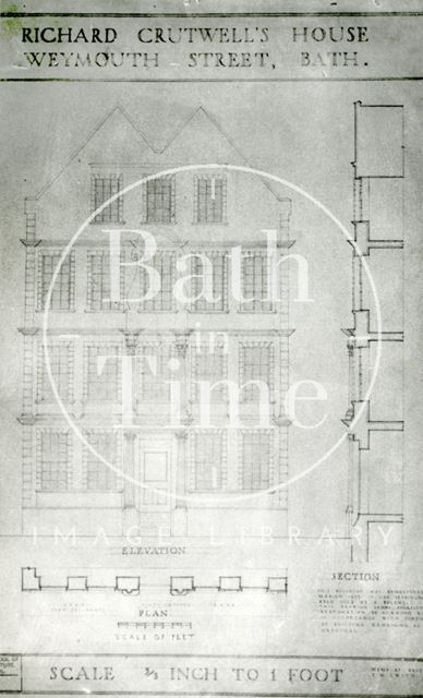 Cruttwell's House, Weymouth Street, Bath - elevation plan and sections from drawings by F. William Smith