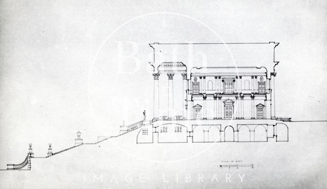 Prior Park - section of main buildings and terrace from north to south, Bath c.1935