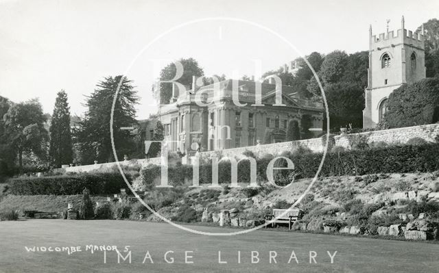 Widcombe Manor, view from the gardens of southwest and tower of Widcombe Church to right, Bath c.1930