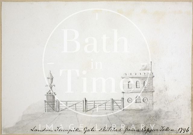 London Road Turnpike Gate sketched from a copper token, Bath 1796