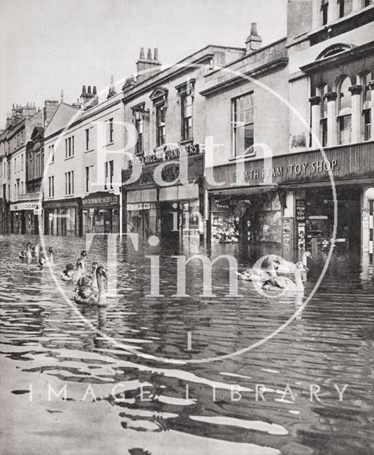 Swans on Southgate Street, Bath during the floods 1960