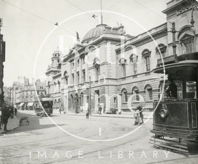 Guildhall, High Street facade showing electric trams, Bath c.1914