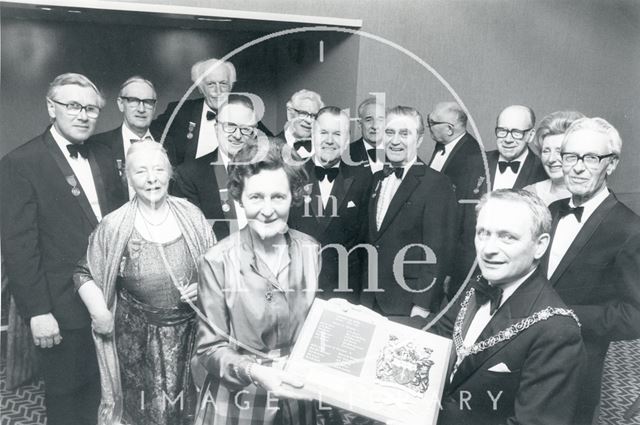 The Mayor of Bath, Mr. Laurie Coombs, makes presentation to secretary, Miss Joan Bellingham 1983