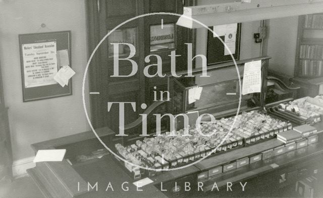 Bath Municipal Library, Bridge Street - lending library interior showing counter 1954