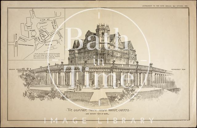 The Colonnade facing Grand Parade Gardens and distant view of Hotel, Bath 1898