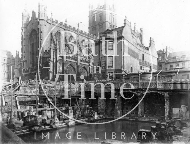 The eastern corner of the recently excavated Roman Great Bath and Kingston Bath, Bath c.1890